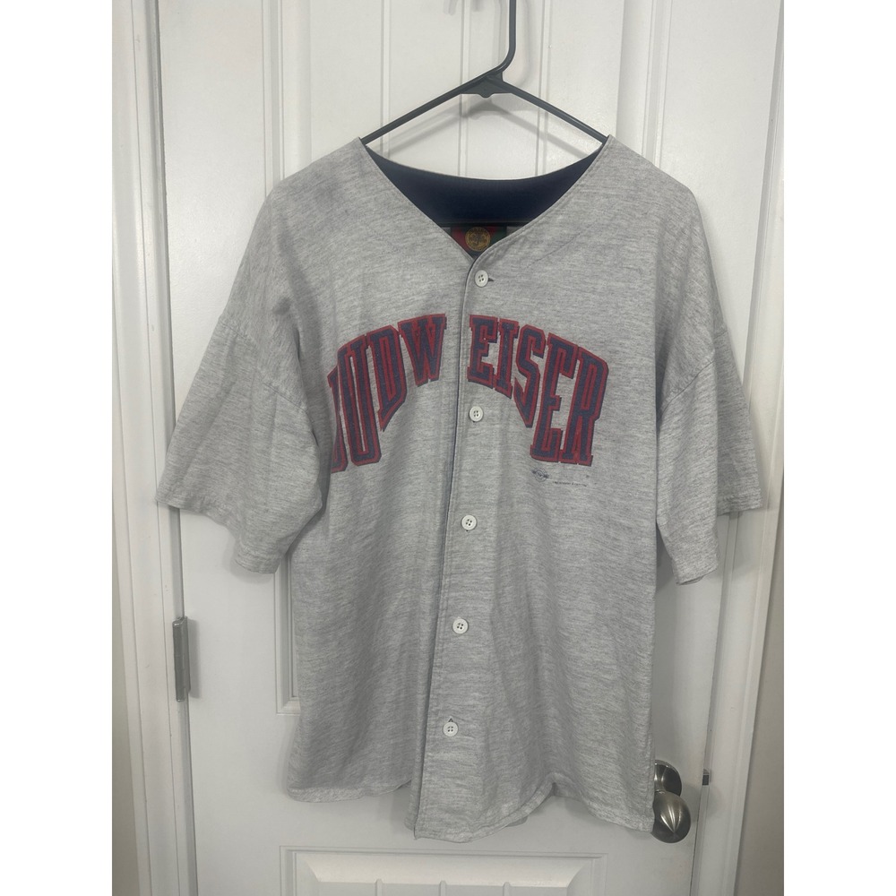 Vintage 1992 Budweiser Baseball Jersey Jostens Sportswear Gray Mens Large 90s